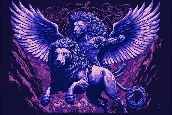 a lion with wings and a winged figure on it\'s back, with a purple background and a purple background with a purple border overlay of a winged lion with a winged figure.