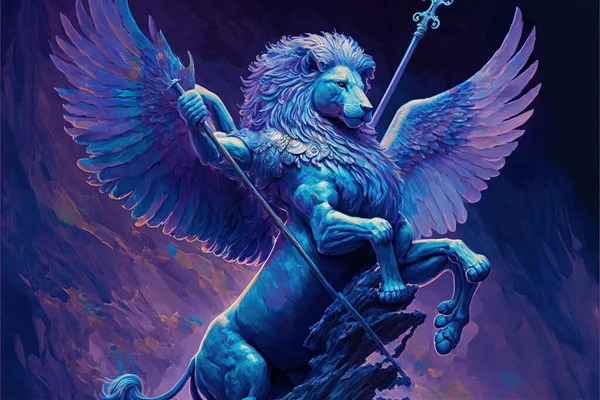a painting of a lion with a staff and a sword on a rock with a sky background and a purple sky behind it, with a blue winged creature holding a staff and a staff.