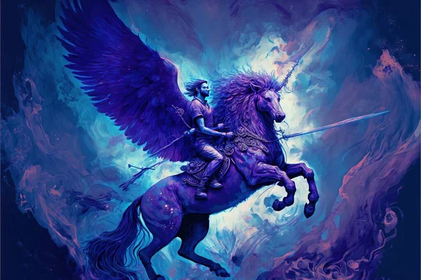 a painting of a man riding a purple horse with wings on it's back and a sword in his hand, with a sword in his hand, and a purple background of blue.