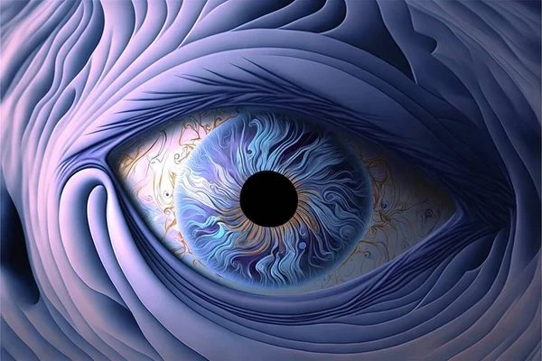 a computer generated image of a blue eye with a black hole in the center of the iris of the eye, with a black circle in the center of the iris of the iris of the iris.