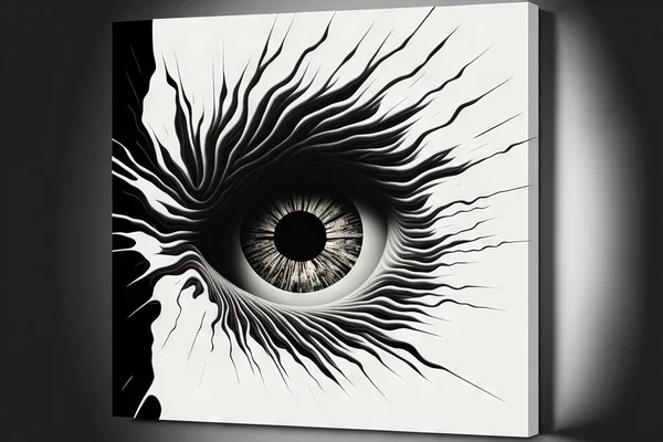 a black and white painting of an eye with a black background and a white background with a black circle in the center of the eye and a black and white background with a white background.