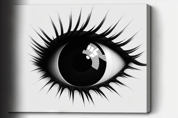 a black and white picture of an eye with long eyelashes and a white background with a shadow of the eye and the eyeball is black and white with a black background of the eye.