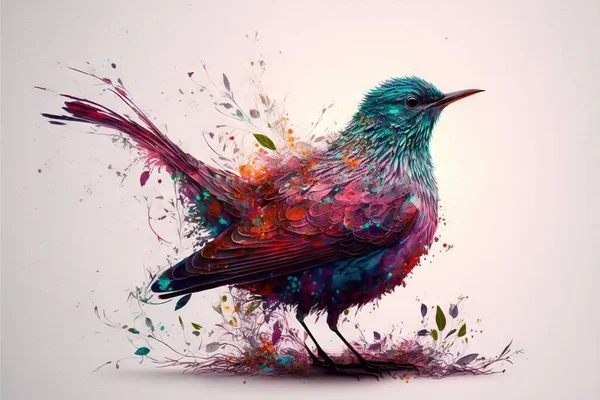 a colorful bird with a lot of paint splatters on it\'s wings and tail, sitting on a white surface with a light background and a splash of colored paint splatters.