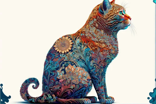 a cat with a floral design on its back sitting down with a white background behind it and a blue border around the edges of the image, with a blue border, and a white.