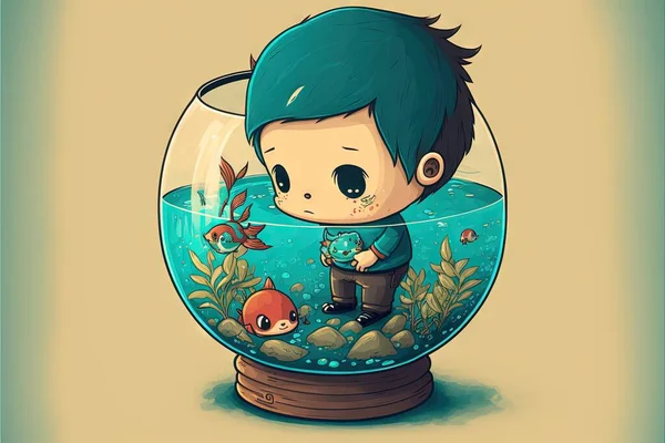 a boy is sitting in a fish bowl with a fish inside of it and a fish in the bowl behind him, and a fish in the bowl behind him, and a fish in the bowl.