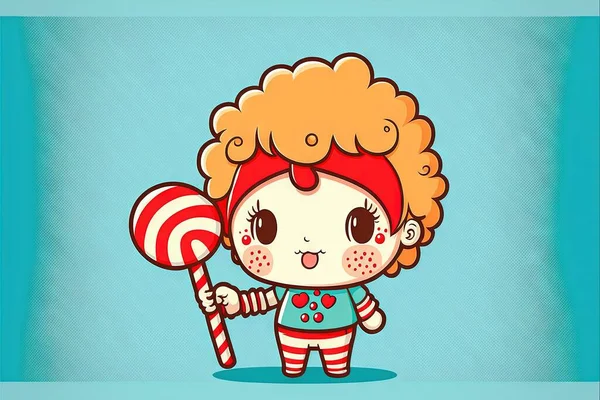 a cartoon character holding a candy cane and a lollipop in her hand, on a blue background with a blue border around it, with a red and white border, with a red border.