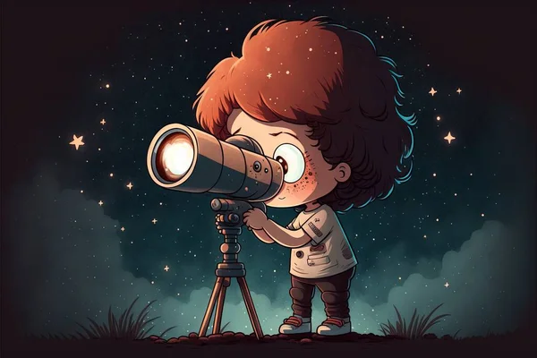 a boy looking through a telescope at the stars in the sky with a telescope in his hand and a telescope in his other hand, and a telescope in his other hand, a dark.