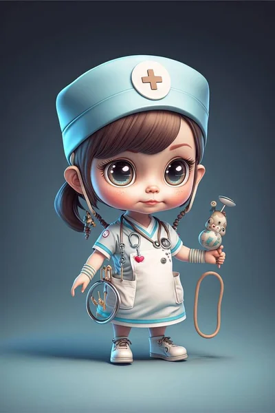 a cartoon nurse holding a teddy bear and a stethoscope in her hand and a stethoscope in her other hand, on a blue background with a shadow and a shadow.