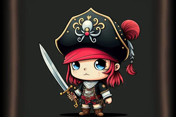 a cartoon character with a pirate hat and sword in hand, standing in front of a black background with a brown border and a brown border around the edges, with a red border,.