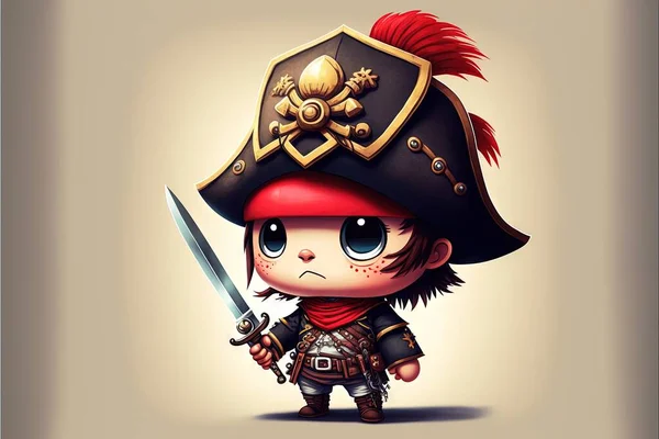 a cartoon character with a sword and a pirate hat on his head and a red bandanna on his head, holding a sword in his hand, standing in front of a beige background.