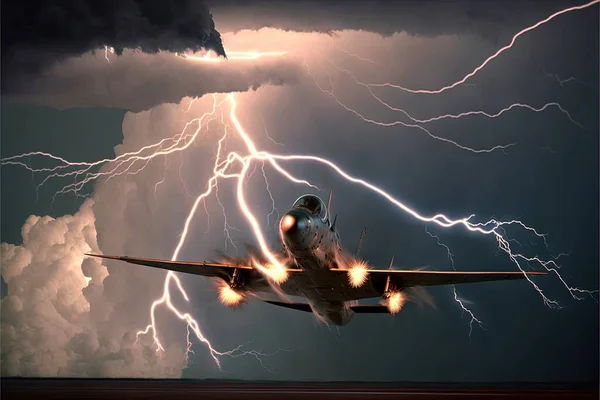 a plane is flying through a storm with lightning in the background and a cloud of clouds and lightning behind it, with a plane in the foreground, and a plane in the foreground,.