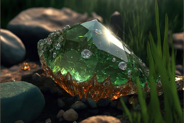 a green diamond sitting on top of a pile of rocks next to a green plant and rocks on the ground with grass and rocks around it and a bright light shining on the top of the.