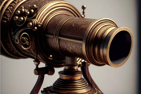 a close up of a telescope on a stand with a white background and a gray background behind it, with a gold and black design on the top of the telescope, and bottom of the. .
