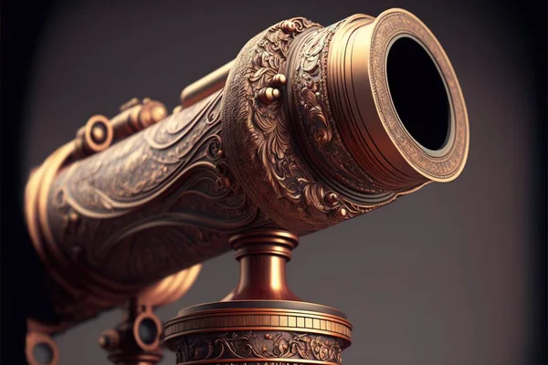 a close up of a telescope on a stand with a dark background and a black background behind it, with a gold colored object on the top of the telescope and bottom of the telescope. .