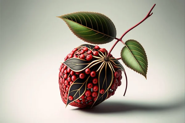 a decorative fruit with leaves and berries on a white background with a shadow of the fruit on the left side of the image is a single leaf and a few red berries on the right. .