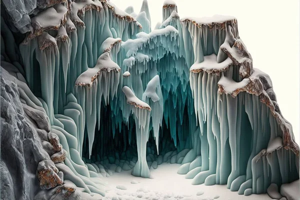 a frozen cave with a waterfall and ice formations on the sides of it, with snow on the ground and rocks on the sides of the walls, and a white background, with a. .