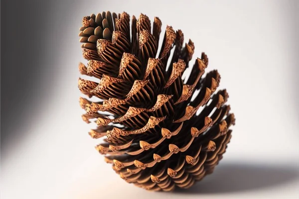a close up of a pine cone on a white background with a shadow of the cone on the ground and the top of the cone of the cone is brown, with a slight,. .