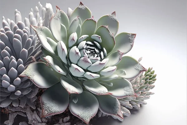 a large succulent plant with white and green leaves on a white background with a gray background behind it and a white background with a gray border around the edges and a white border. .