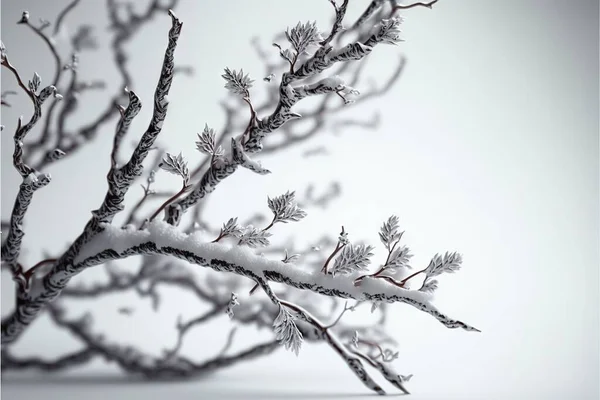 a branch with snow on it and a white background behind it with a light reflection of the branches and snow on the branches of the branches of the branches, and the branches, with. .