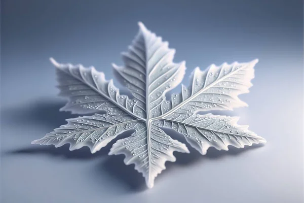 a white leaf with a blue background is shown in the image, it appears to be a snowflaked leaf with a thin, thin, white outline, thin, curved, curved, leaf. .