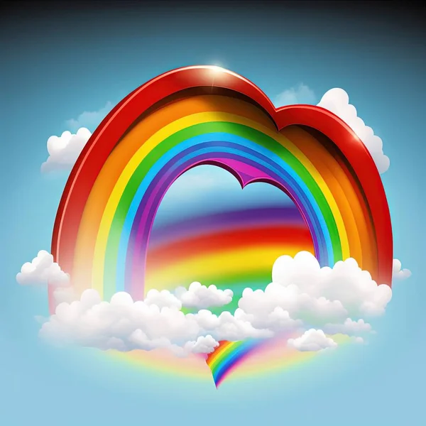 a rainbow in the sky with clouds and a heart shaped frame in the middle of it, with a blue sky background and a white cloud in the middle of the sky with a rainbow.