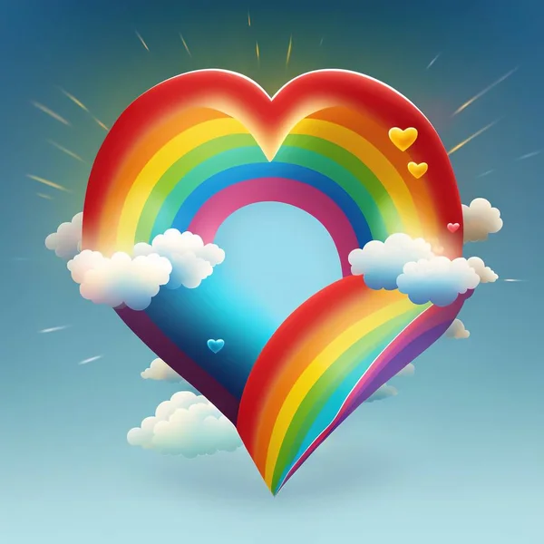 a rainbow heart with clouds and hearts floating in the sky with a blue sky background and sun rays coming through the clouds and a heart shaped by a rainbow in the center of the middle.