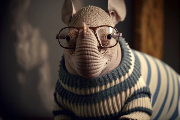 a rat wearing glasses and a sweater with a striped sweater on it\'s chest and a striped sweater on its chest, with a striped sweater on its head and shoulders, and a. .