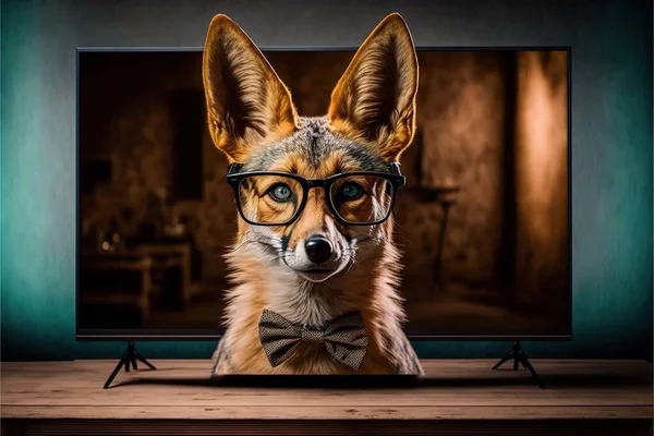 a dog wearing glasses and a bow tie in front of a television screen with a picture of a dog wearing glasses on it\'s face and a bow tie in front of the tv. .