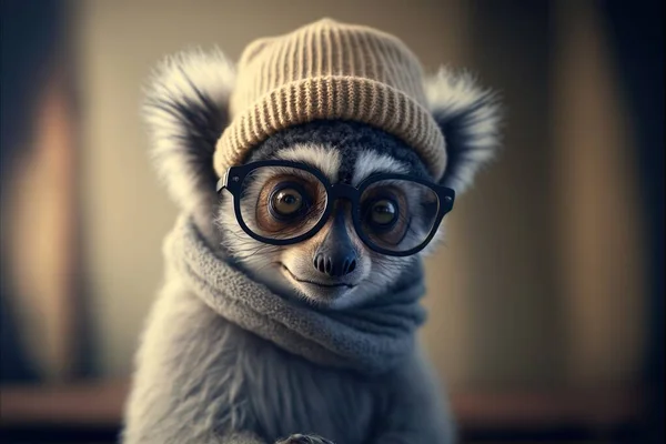 a small animal wearing a hat and glasses with a scarf around its neck and a scarf around its neck, and a scarf around its neck, and a hat, and a stuffed animal,. .