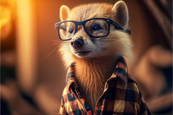a small animal wearing glasses and a plaid shirt with a plaid shirt on it's chest and a plaid shirt on its chest, with a small animal wearing glasses on his chest,. .