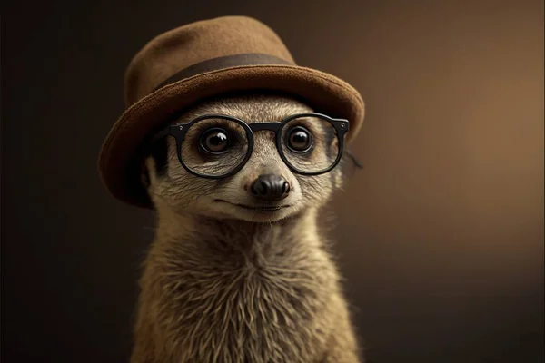 a small animal wearing a hat and glasses with a hat on it's head and a brown hat on its head and a brown background with a brown background and a black background with a. .