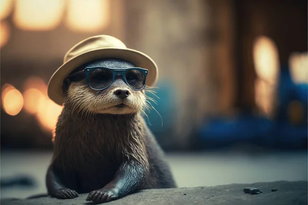 a small animal wearing a hat and sunglasses on the ground with a blurry background of lights and a building in the background with a light from the window behind it, and a small. .