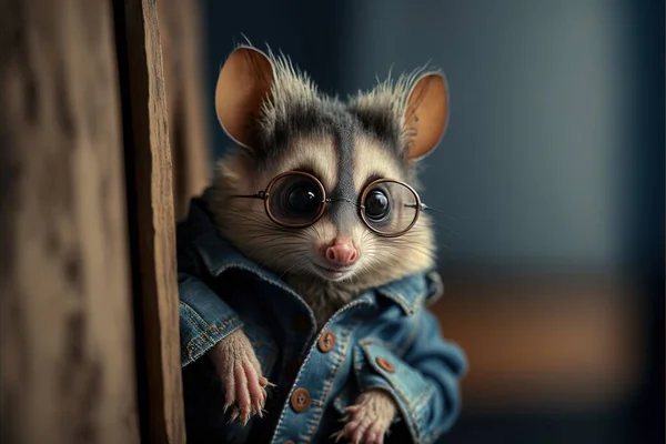 a small animal wearing glasses and a denim jacket is peeking out of a door frame with its head sticking out of the frame, with a wooden door behind it is a wooden door and. .