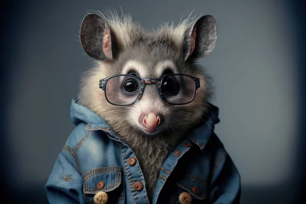 a small animal wearing glasses and a denim jacket with a denim jacket on it\'s chest and a denim jacket on its chest, with a denim jacket on it\'s chest and a. .