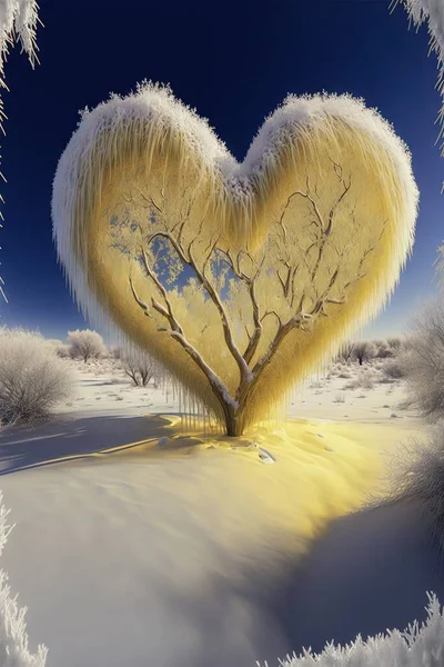 a heart shaped tree in a snowy landscape with a blue sky in the background and a yellow light in the middle of the tree is a yellow light that is a frosted tree with. .