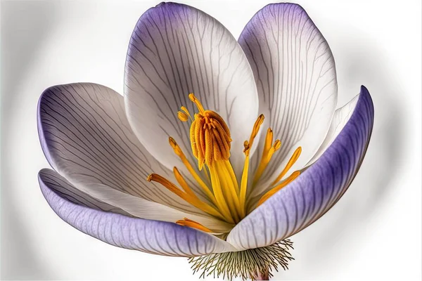 a white and purple flower with yellow stamens on a white background with a green stem in the center of the flower and a yellow stamen stamen stamen stamen in the center. .