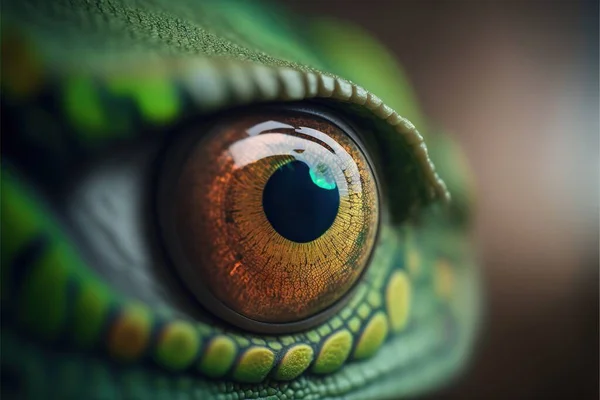 a close up of a green lizard's eye with a yellow iris and a black spot in the center of the eye, with a black background of a brown and green background,. .