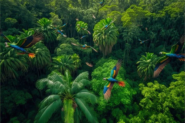 a painting of a tropical forest with parrots flying over the trees and trees in the background, and a jungle with palm trees and tall, green foliage, and a blue bird - like bird. .