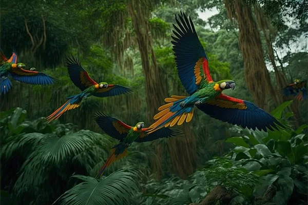 a group of colorful birds flying through a forest filled with trees and plants and trees with lots of leaves on the ground and a few birds flying in the air above the trees and below. .