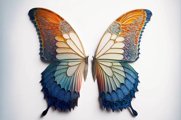 a colorful butterfly with wings spread out on a white background with a blue border around it and a yellow border around the wings and the back of the wings, and the wings, and.