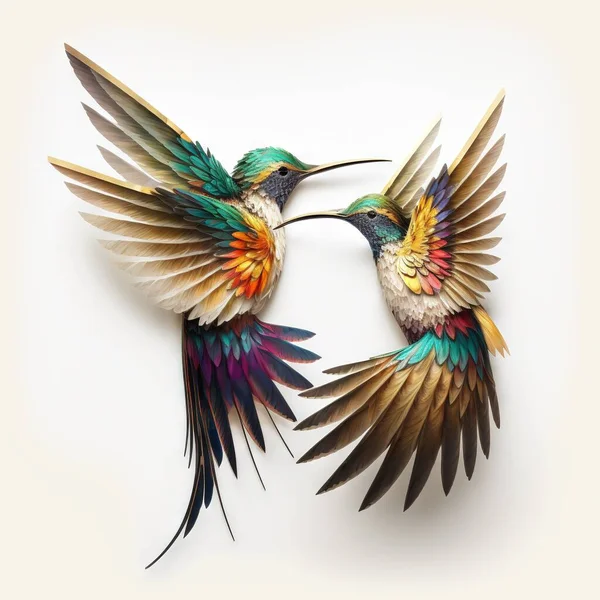 two colorful birds with wings spread out to each other, facing each other, with one flying away from the other bird, and the other flying away from the other bird, with its wings. .