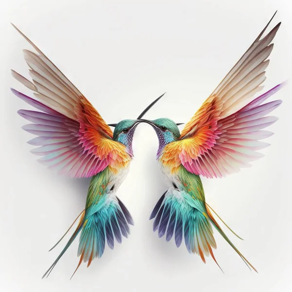 two colorful birds with wings spread out to each other, facing each other, with one bird facing the other with its wings spread out, and the other bird is facing the other,.