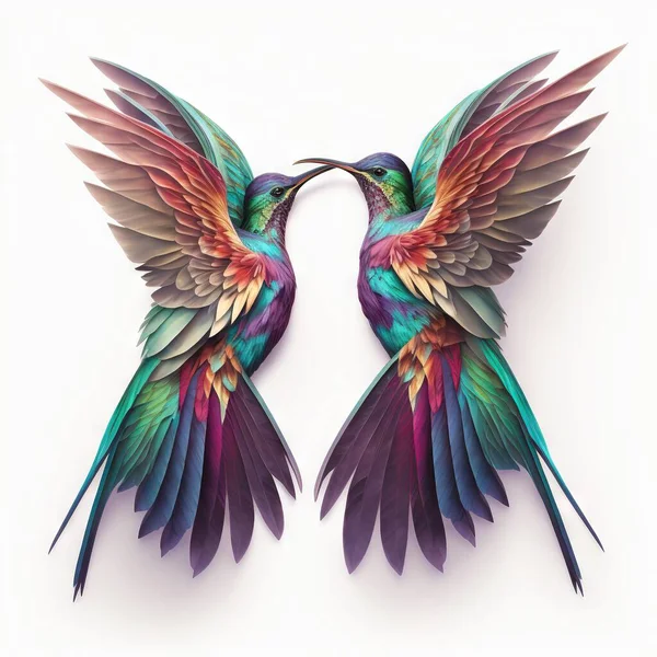 two colorful birds with wings spread out to each other, facing each other, with one bird facing the other with its wings spread out to the other side, and the other side,.