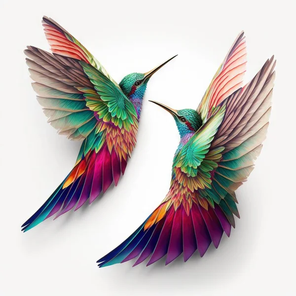 two colorful birds flying next to each other on a white background with a white background behind them and a white background with a white background with a white background and a white background with a.