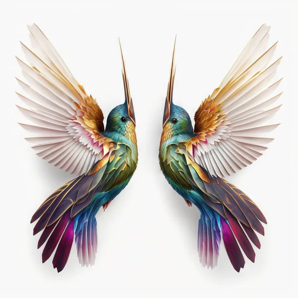 two colorful birds with wings spread out to each other, facing each other, with one bird facing the other, and the other bird facing the other, with wings, with wings,. .