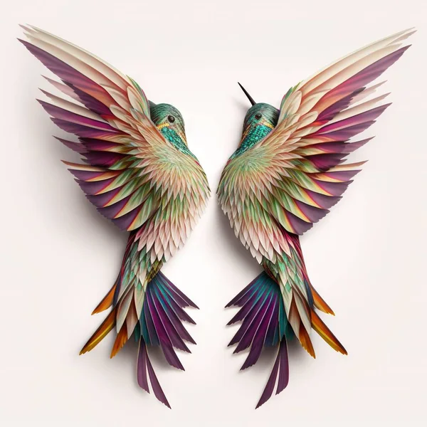 two colorful birds with wings spread out on a white background, one of them is facing the other way, and the other is facing the opposite direction of the same direction, with wings.