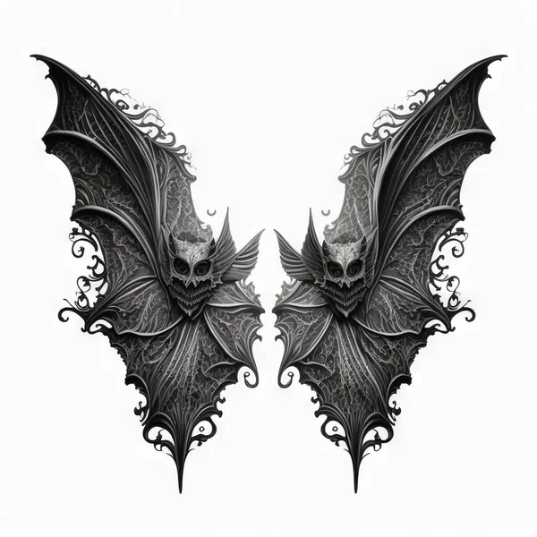 a bat with wings and a skull on it's back, with intricate designs on the wings and back of the wings, is a white background with a black outline of a white background.