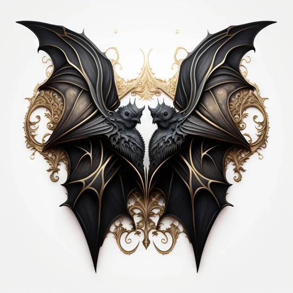 a bat with wings and ornate designs on it\'s wings, with a white background and a gold border around the wings, and a black bat with a gold pattern on the wings.