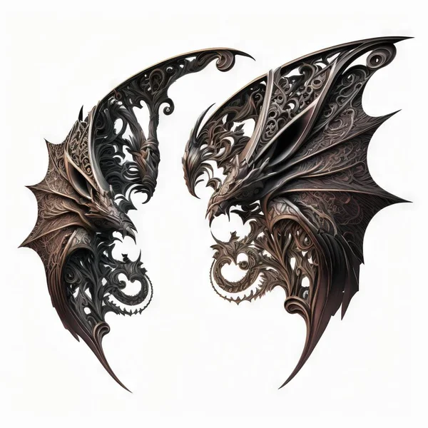 two black dragon wings with intricate designs on them, one of which is facing the other direction, on a white background, with a shadow of the wings of the other wing and the.