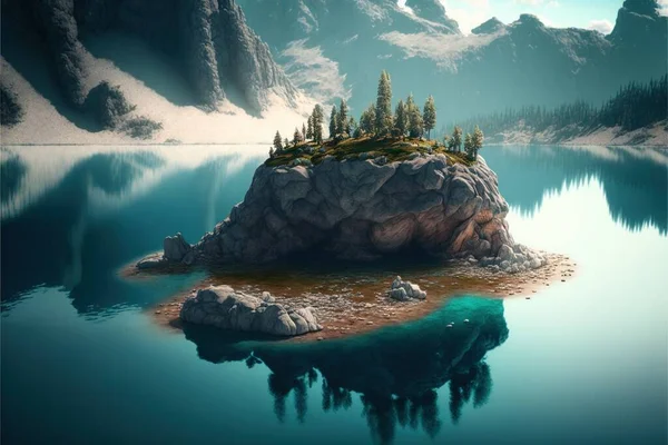 a small island with trees on a small island in the middle of a lake with a mountain in the background and a blue sky with clouds and a few white clouds above it, with a. .